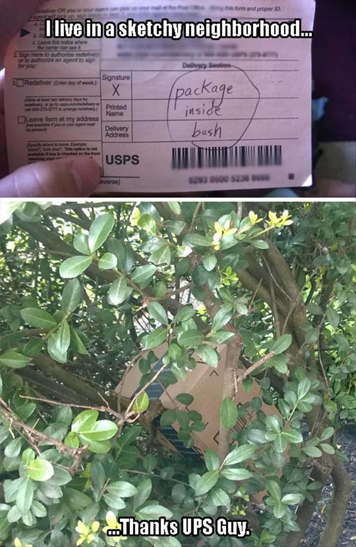 package inside bush - form and proper 10 I live in a sketchy neighborhood... Lever 2. So hat authoriserede or author an apart to be your Signature 3. Redeliver Erher day of wook package inside Tiette Printed Name Leave item at my address you want Delivery