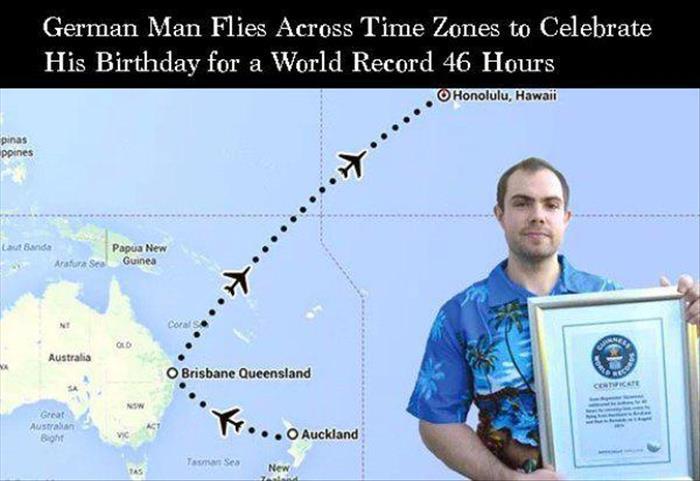 guinness world records - German Man Flies Across Time Zones to Celebrate His Birthday for a World Record 46 Hours . Honolulu, Hawaii pinas ppines Lautande Araras Papua New Guinea Australia O Brisbane Queensland Great Austraan O Auckland Taman Sea New
