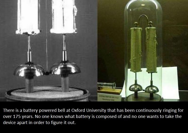oxford university battery powered bell - There is a battery powered bell at Oxford University that has been continuously ringing for over 175 years. No one knows what battery is composed of and no one wants to take the device apart in order to figure it o