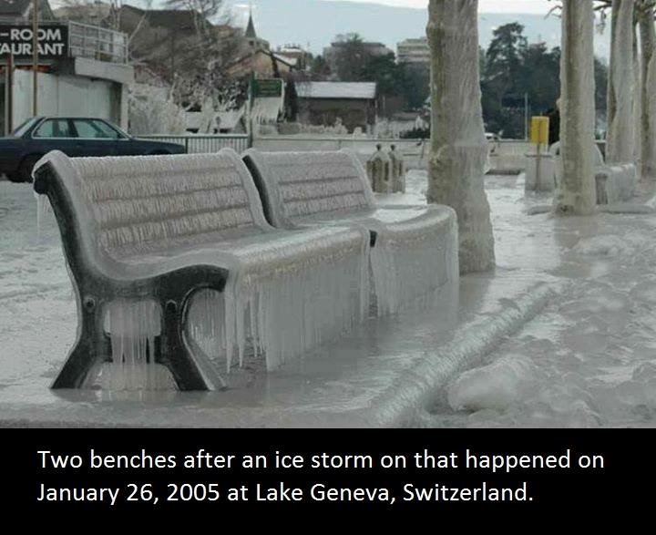 switzerland ice - Room. Caur Ant Two benches after an ice storm on that happened on at Lake Geneva, Switzerland.