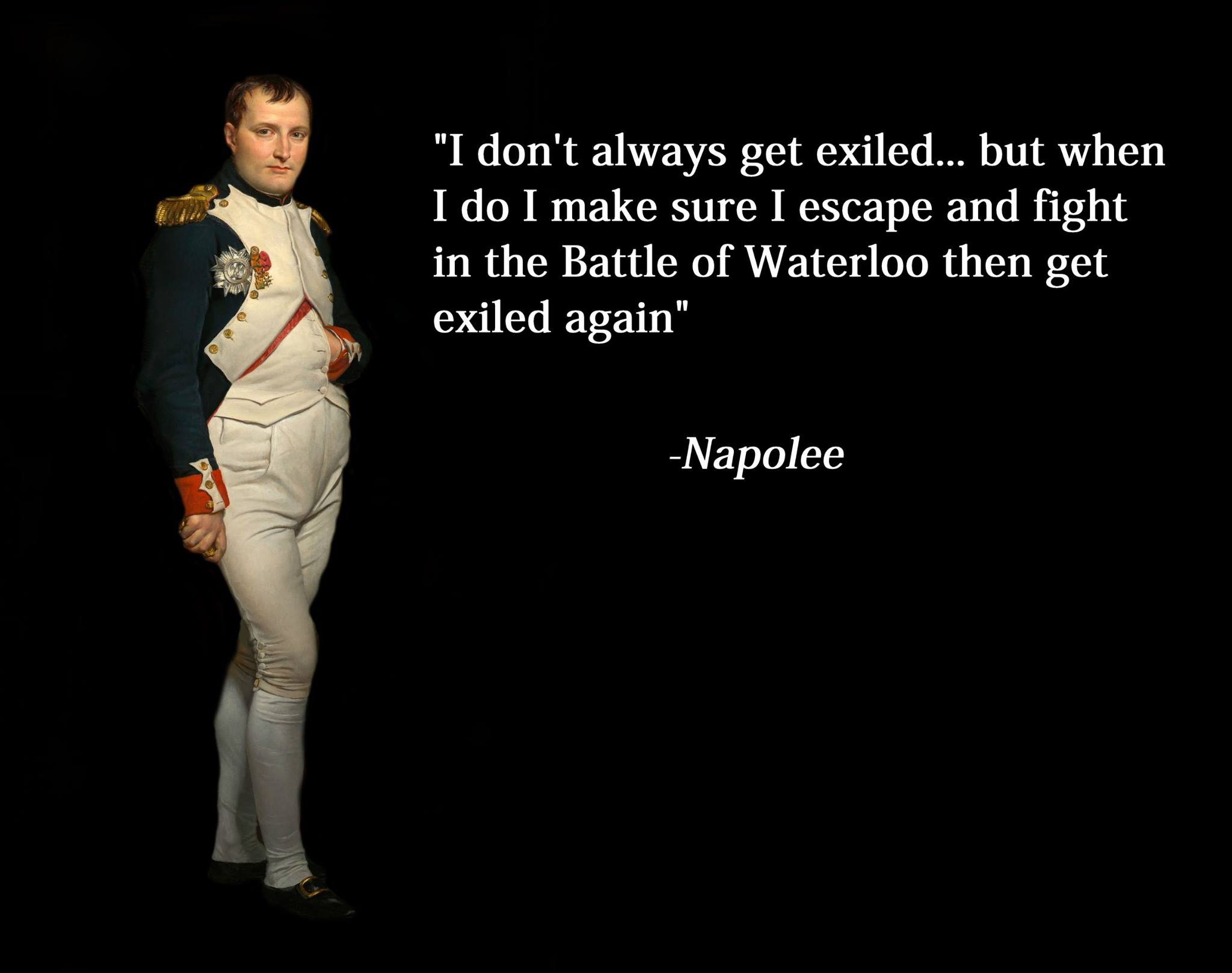 Internet meme - "I don't always get exiled... but when I do I make sure I escape and fight in the Battle of Waterloo then get exiled again" Napolee