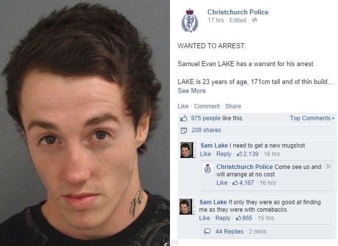 samuel lake - Christchurch Police 17 hrs Edited Wanted To Arrest Samuel Evan Lake has a warrant for his arrest. Lake is 23 years of age, 171cm tall and of thin build.... See More Comment 975 people this. F 200 Top Sam Lake I need to get a new mugshot $2.1