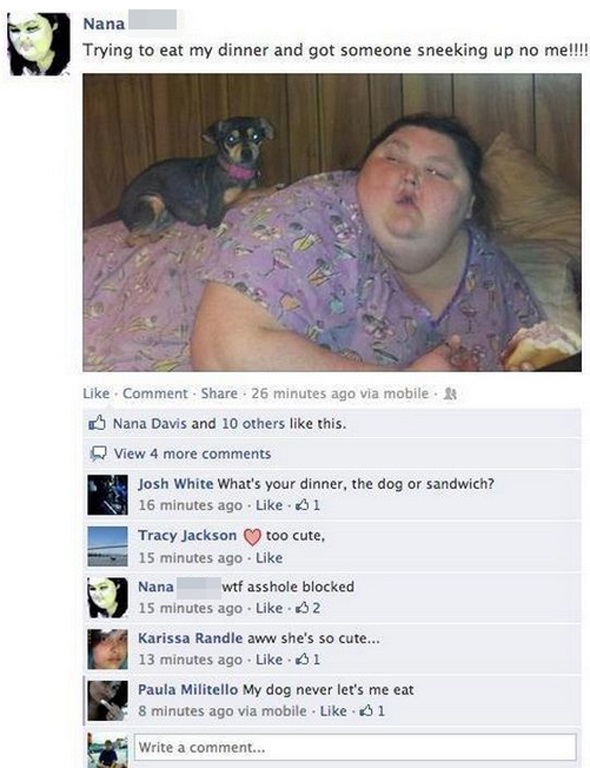funny facebook photoshop fails - Nana Trying to eat my dinner and got someone sneeking up no me!!!! Comment . 26 minutes ago via mobile Nana Davis and 10 others this. View 4 more Josh White What's your dinner, the dog or sandwich? 16 minutes ago 61 Tracy 