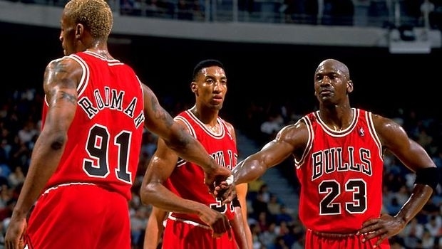 Dennis Rodman, Scottie Pippen, and Michael Jordan.