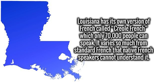 Human brain - Louisiana has its own version of French called Creole French" which only 70,000 people can speak. It varies so much from standard French that native French speakers cannot understand it.