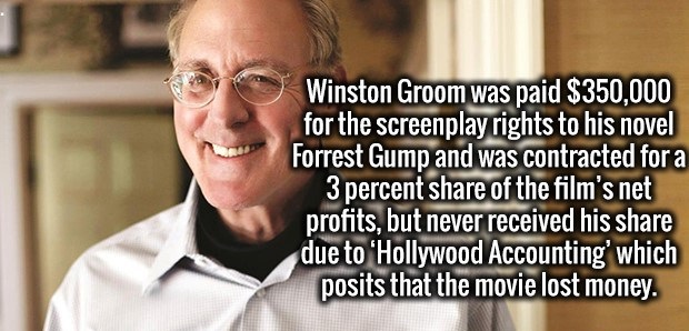 winston groom - Winston Groom was paid $350,000 for the screenplay rights to his novel Forrest Gump and was contracted for a 3 percent of the film's net profits, but never received his due to 'Hollywood Accounting' which posits that the movie lost money.