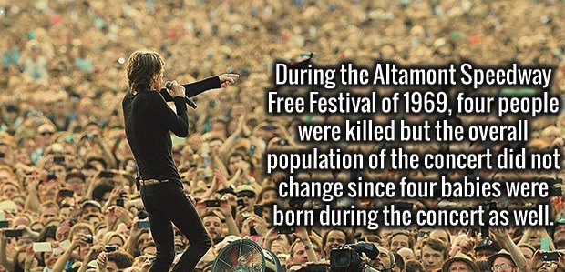 Human brain - During the Altamont Speedway Free Festival of 1969, four people were killed but the overall population of the concert did not change since four babies were born during the concert as well.