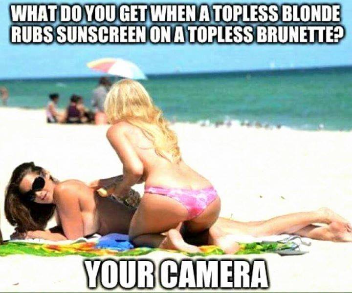 funny topless - What Do You Get When A Topless Blonde Rubs Sunscreen On A Topless Brunette? Your Camera
