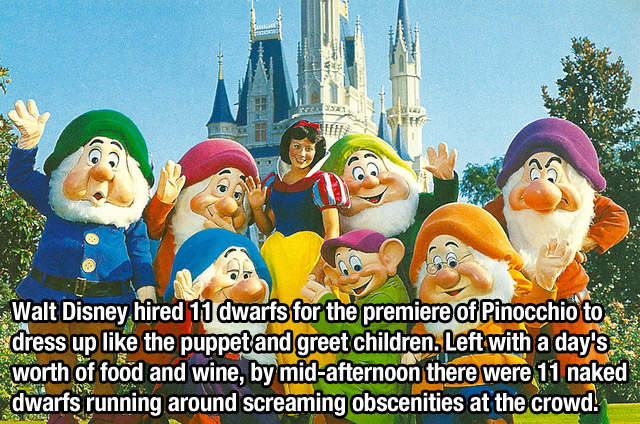 snow white disney world - Walt Disney hired 11 dwarfs for the premiere of Pinocchio to dress up the puppet and greet children. Left with a day's worth of food and wine, by midafternoon there were 11 naked dwarfs running around screaming obscenities at the