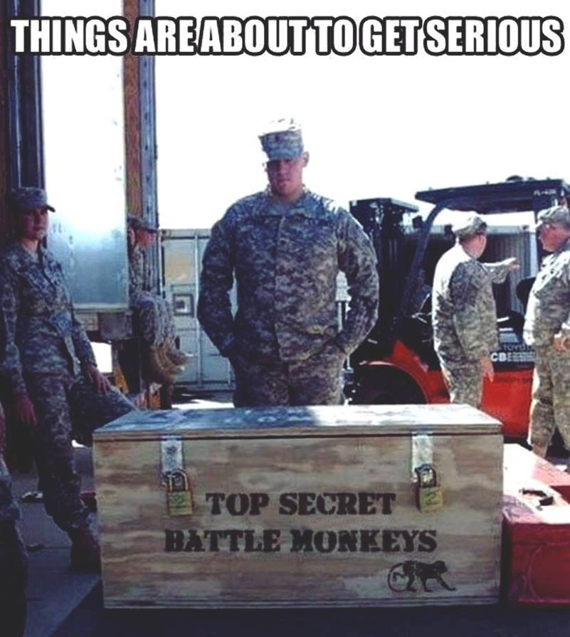 not at all Inappropriate meme about army getting ready to release a box of top secret battle monkeys