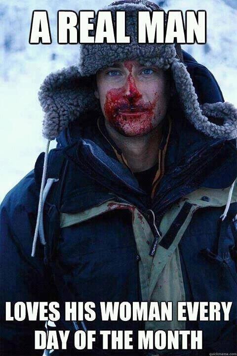 Inappropriate meme of Bear Grylls with a bloody mouth