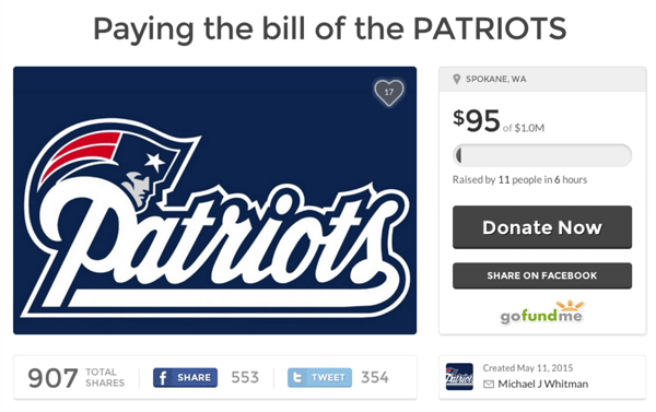 memes - web page - Paying the bill of the Patriots Spokane, Wa $95 $1.0M Raised by 11 people in 6 hours Seunit wat Donate Now On Facebook gofundme 907 f 553 t Tweet 354 Created Michael J Whitman