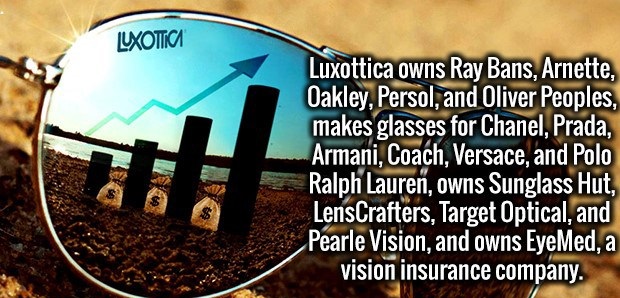photo caption - Lxotica Luxottica owns Ray Bans, Arnette, Oakley, Persol, and Oliver Peoples, makes glasses for Chanel, Prada, Armani, Coach, Versace, and Polo Ralph Lauren, owns Sunglass Hut, LensCrafters, Target Optical, and Pearle Vision, and owns EyeM