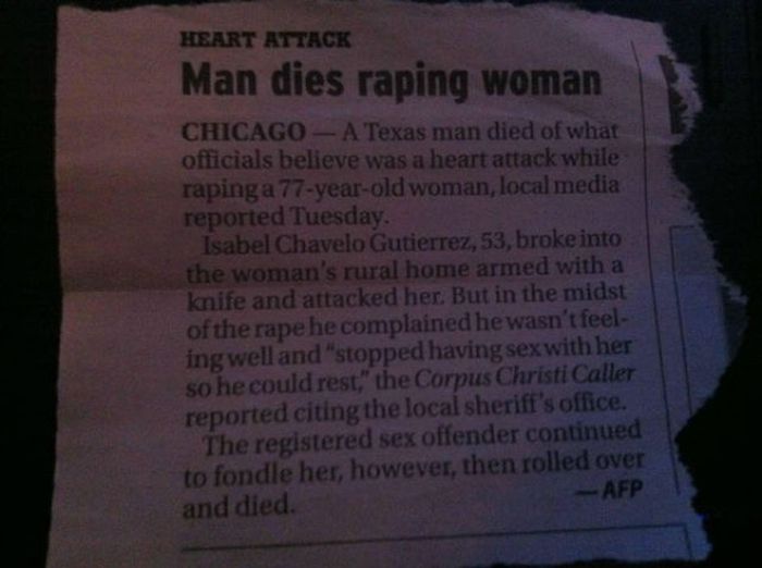 commemorative plaque - Heart Attack Man dies raping woman Chicago A Texas man died of what officials believe was a heart attack while raping a 77yearold woman, local media reported Tuesday. Isabel Chavelo Gutierrez, 53, broke into the woman's rural home a