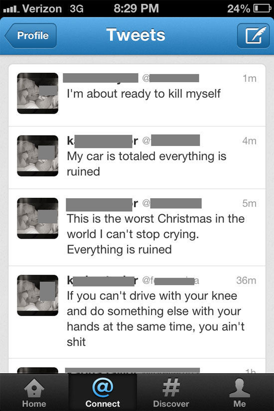 karma wins again - 11. Verizon 3G 24% O Profile Tweets 1m I'm about ready to kill myself k 4m My car is totaled everything is ruined 5m This is the worst Christmas in the world I can't stop crying. Everything is ruined 36m If you can't drive with your kne