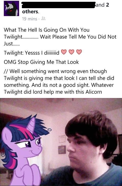 cartoon - and 2 others. 19 mins What The Hell Is Going On With You Twilight........... Wait Please Tell Me You Did Not Just...... Twilight Yessss I diiiiiiid Omg Stop Giving Me That Look Well something went wrong even though Twilight is giving me that loo