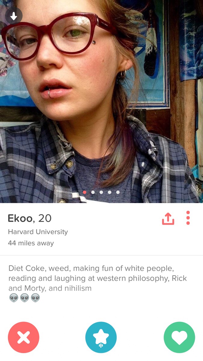 careful not to cut yourself on that edge - Ekoo, 20 Harvard University 44 miles away Diet Coke, weed, making fun of white people, reading and laughing at western philosophy, Rick and Morty, and nihilism