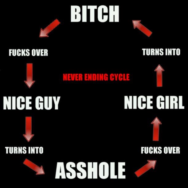 memes - cycle of dating meme - Bitch Fucks Over Turns Into Never Ending Cycle Nice Guy Nice Girl Turns Into Fucks Over Asshole