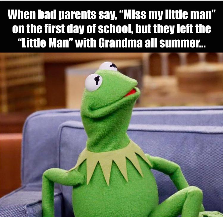 memes - kermit shocked meme - When bad parents say, Miss my little man" on the first day of school, but they left the "Little Man" with Grandma all summer...