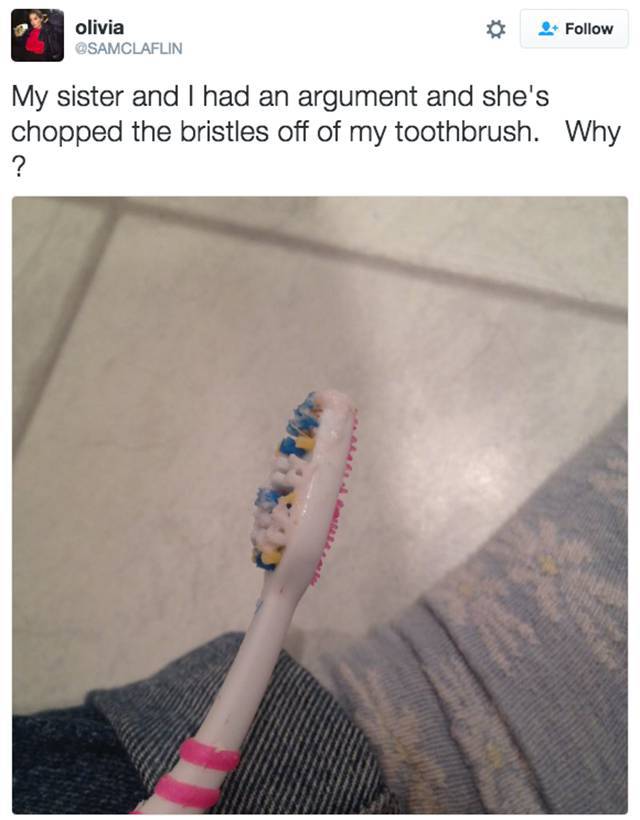 sister dank memes - olicia olivia My sister and I had an argument and she's chopped the bristles off of my toothbrush. Why