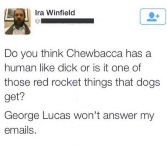 springpad - Ira Winfield Do you think Chewbacca has a human dick or is it one of those red rocket things that dogs get? George Lucas won't answer my emails.