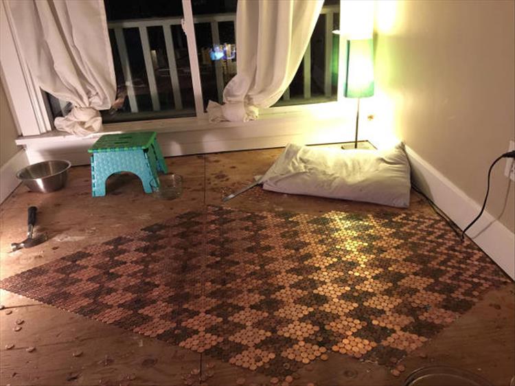Man Uses $350 Worth Of Pennies For Tile Flooring And It's Beautiful