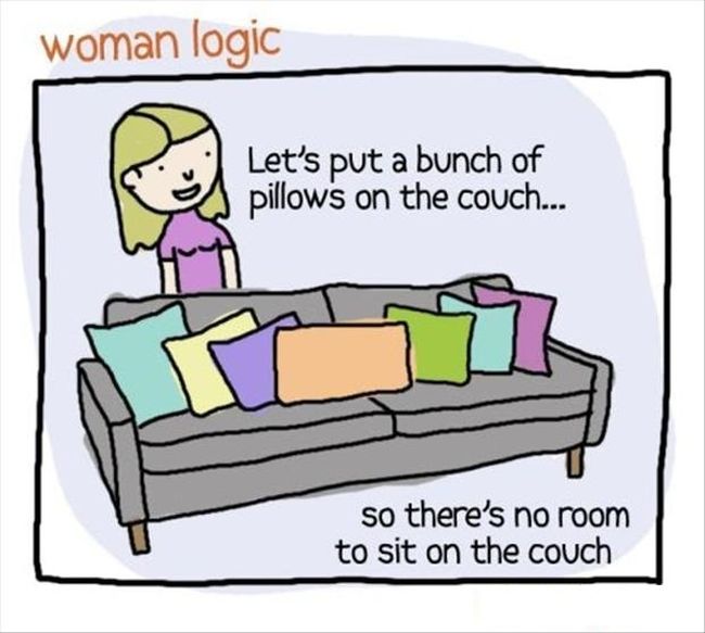 Funny sexist meme that says - woman logic - woman logic Let's put a bunch of pillows on the couch... so there's no room to sit on the couch