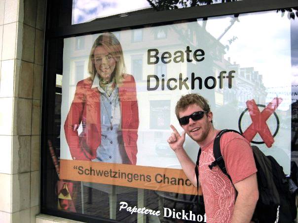 Low brow humor pics - first image of a tourist infront of some European political poster of a candidate named Beate Dickhoff