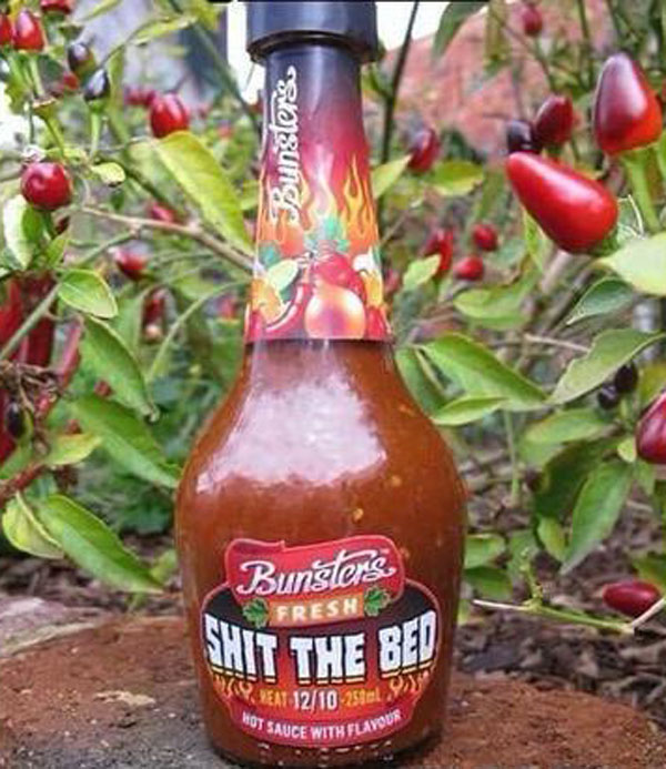 Funny name for hot sauce called 'shit the bed'