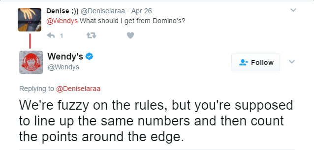 wendy's comeback signs - Denise ; Apr 26 What should I get from Domino's? 17 Wendy's We're fuzzy on the rules, but you're supposed to line up the same numbers and then count the points around the edge.