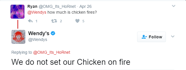 diagram - Ryan Its Hornet Apr 26 how much is chicken fires? 1 2 2 5 Wendy's We do not set our Chicken on fire