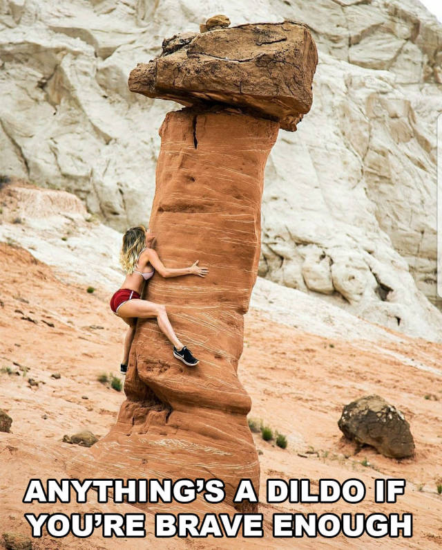 Funny meme of hot girl climbing a rock formation that looks a bit like an adult toy.