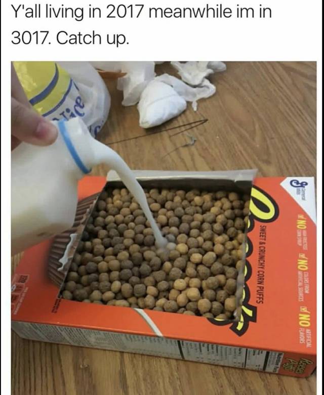 Meme of 3017 - Pouring milk right into cereal box of Reece's