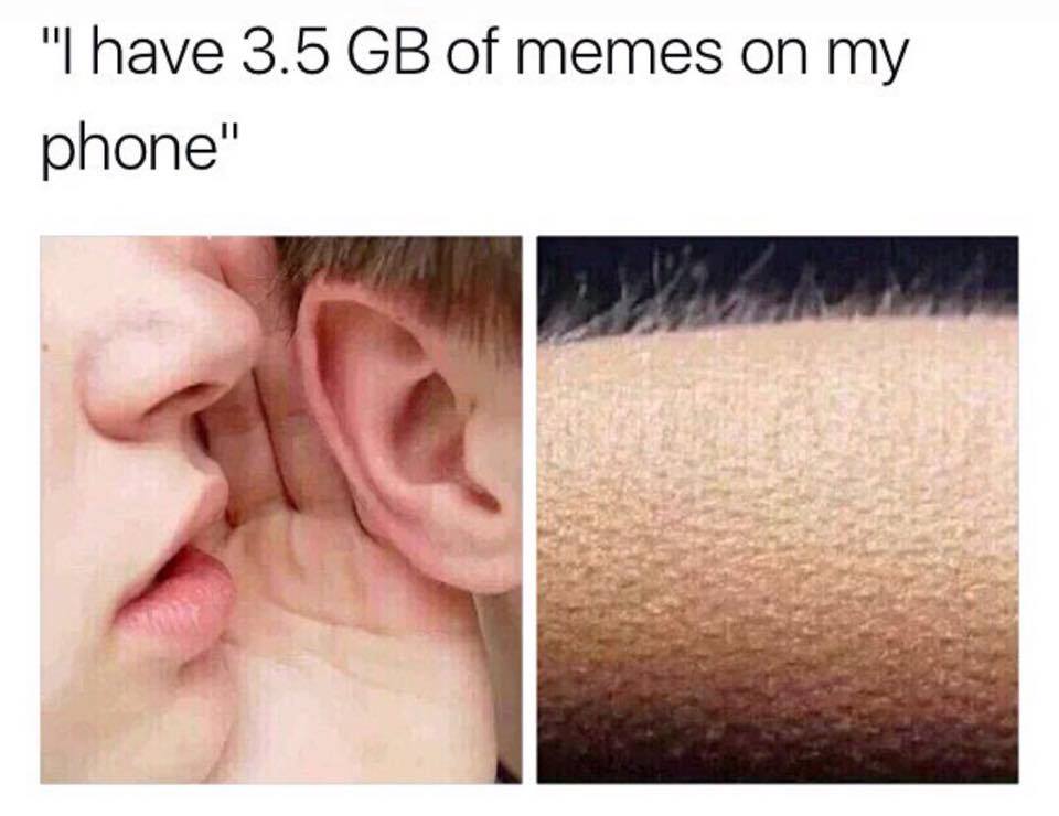 Woman whispering that she 3.5 GB on memes on her phone into a man's ear and he gets goose bumps from hearing about it.