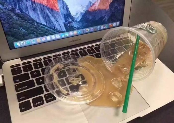 Prank cup that looks like it just ruined your laptop when your Starbucks ice coffee took a spill.