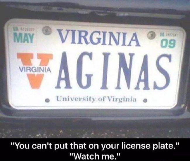 virginia license plates - Vody May Virginia 09 Vaginas Virginia . University of Virginia "You can't put that on your license plate." "Watch me."