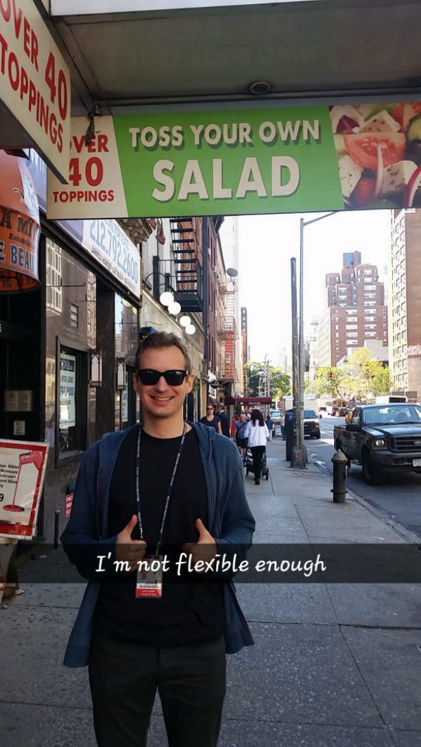 Restaurant called Toss Your Own Salad and the man snap chats that he isn't flexible enough