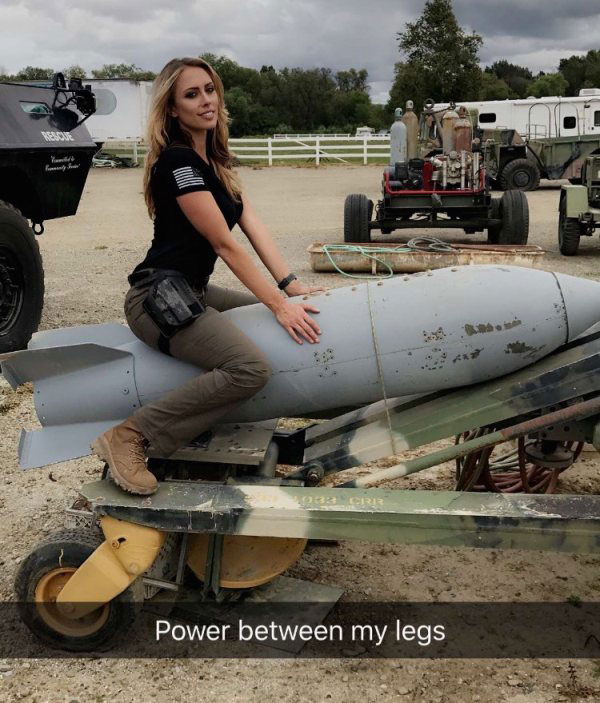Snapchat meme of woman sitting on a missile with caption Power Between My Legs