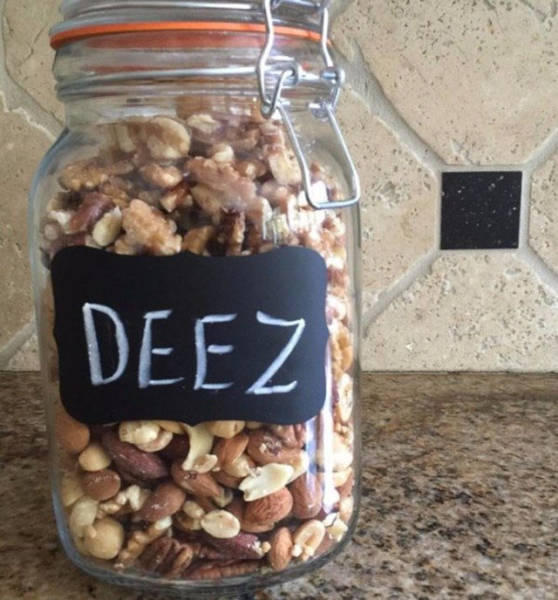 Jar full of nuts marked Deez