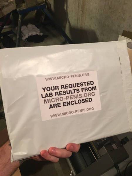 funny envelope joking that your results are in from the micro-penis lab.