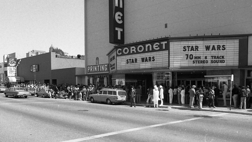 People line up around the block on both sides waiting for a chance to see Star Wars in 1977. Some people would wait all day or sometimes days and some theaters ordered more reels and would only show Star Wars and nothing else due to its demand.
