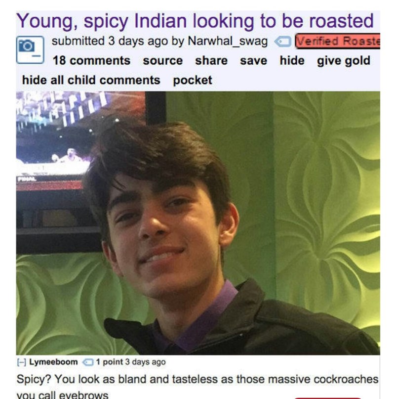 photo caption - Young, spicy Indian looking to be roasted a submitted 3 days ago by Narwhal_swag Verified Roaste 18 source save hide give gold hide all child pocket A Lymeeboom 1 point 3 days ago Spicy? You look as bland and tasteless as those massive coc