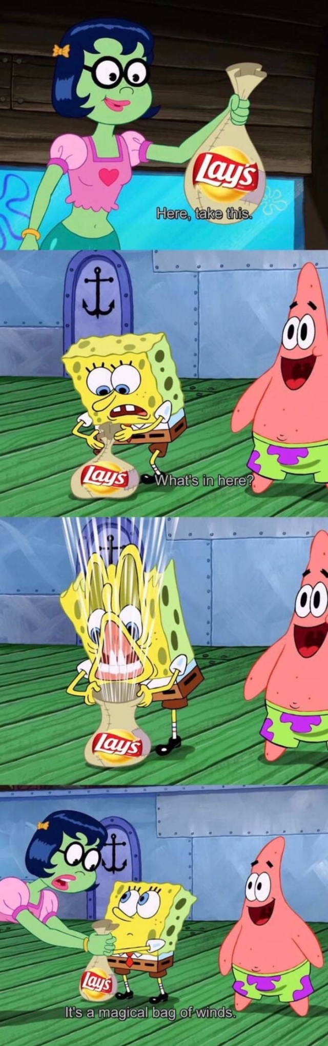 bag of wind meme - Lay's Here, take this lays What's in here? Lays It's a magical bag of winds.