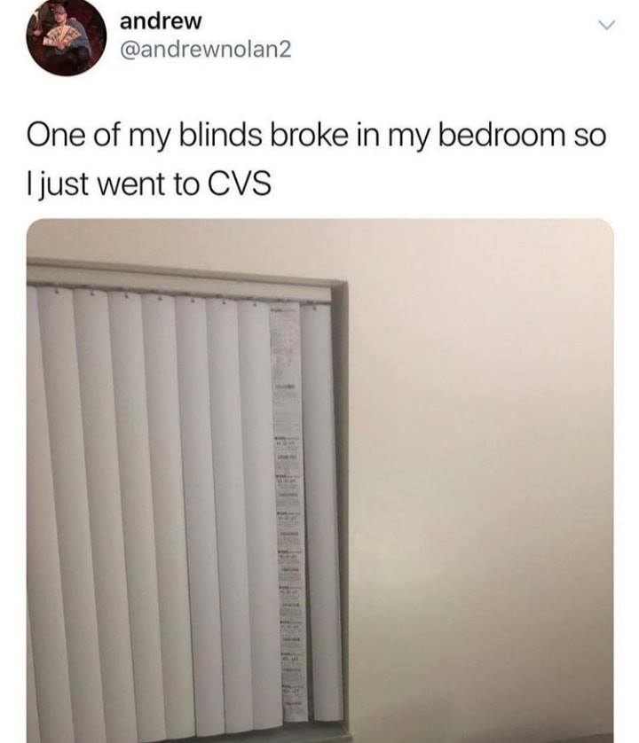 sunday meme with blinds made of CVS receipts
