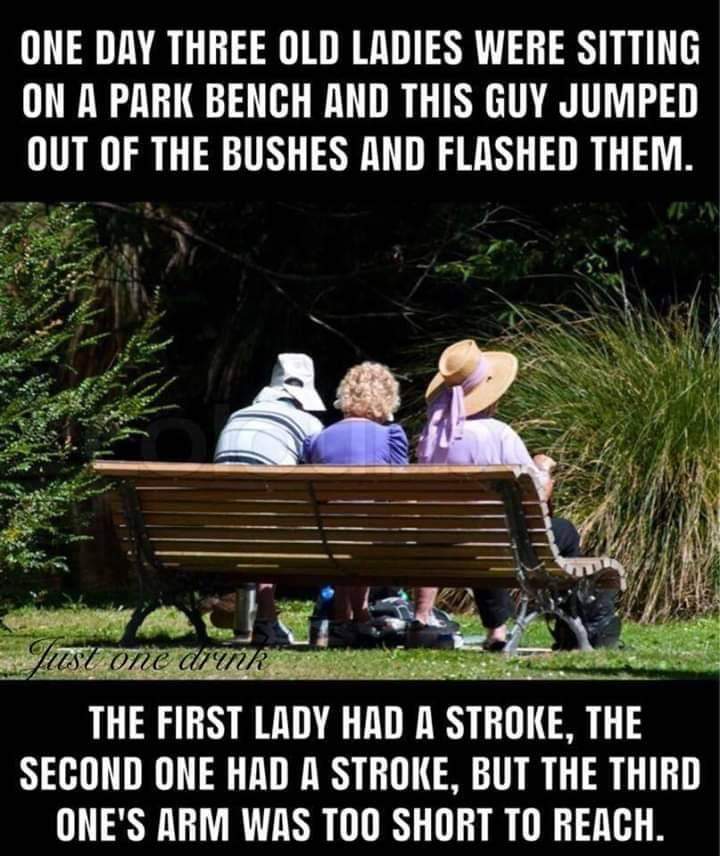sunday meme with a pun about a guy showing his genitalia to old women