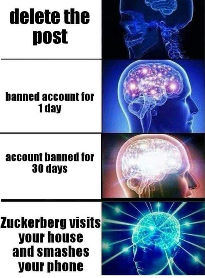 sunday expanding brain meme about getting banned from Facebook