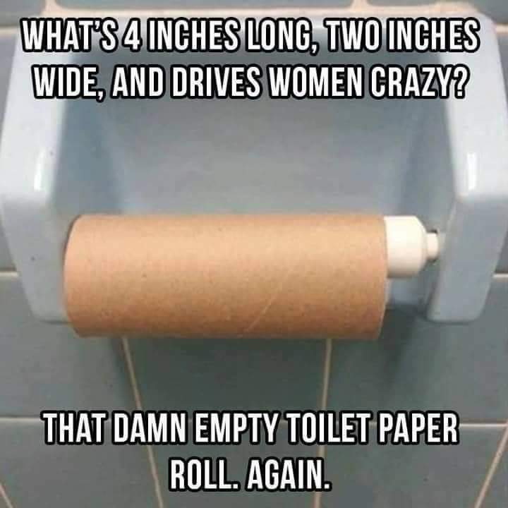 funny meme of good bad jokes - What'S 4 Inches Long, Two Inches Wide, And Drives Women Crazy? That Damn Empty Toilet Paper Roll. Again.