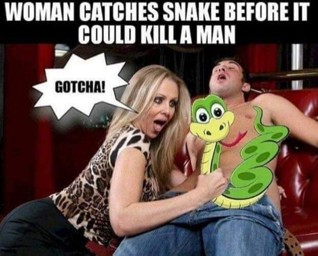 meme photo caption - Woman Catches Snake Before It Could Kill A Man Gotcha!