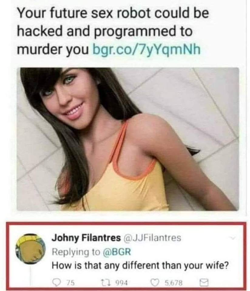 meme your future sex robot could be programmed - Your future sex robot could be hacked and programmed to murder you bgr.co7yYqmNh Johny Filantres How is that any different than your wife? 75 t 994 ~ 5.6789