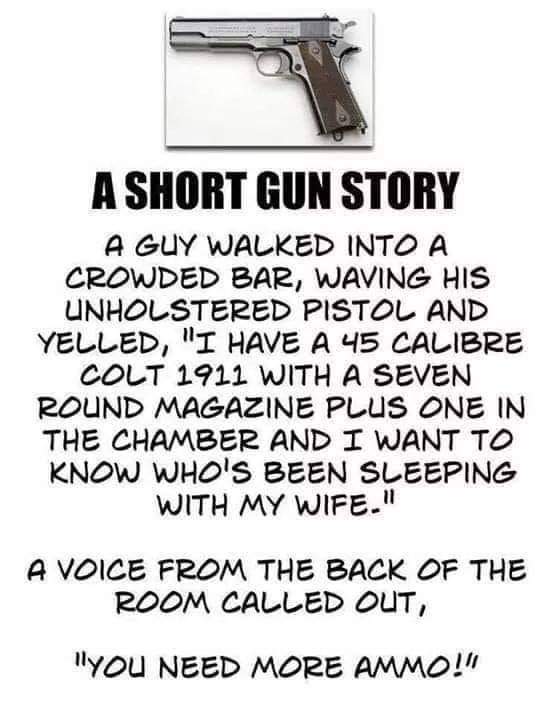 meme - short gun story - A Short Gun Story A Guy Walked Into A Crowded Bar, Waving His Unholstered Pistol And Yelled, "I Have A 45 Calibre Colt 1911 With A Seven Round Magazine Plus One In The Chamber And I Want To Know Who'S Been Sleeping With My Wife." 